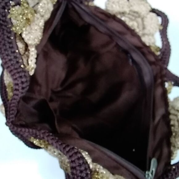 VTG, Crochet Style Retro Handmade Floral Handbag And Shoulder Bag Brown And Gold - Picture 9 of 16